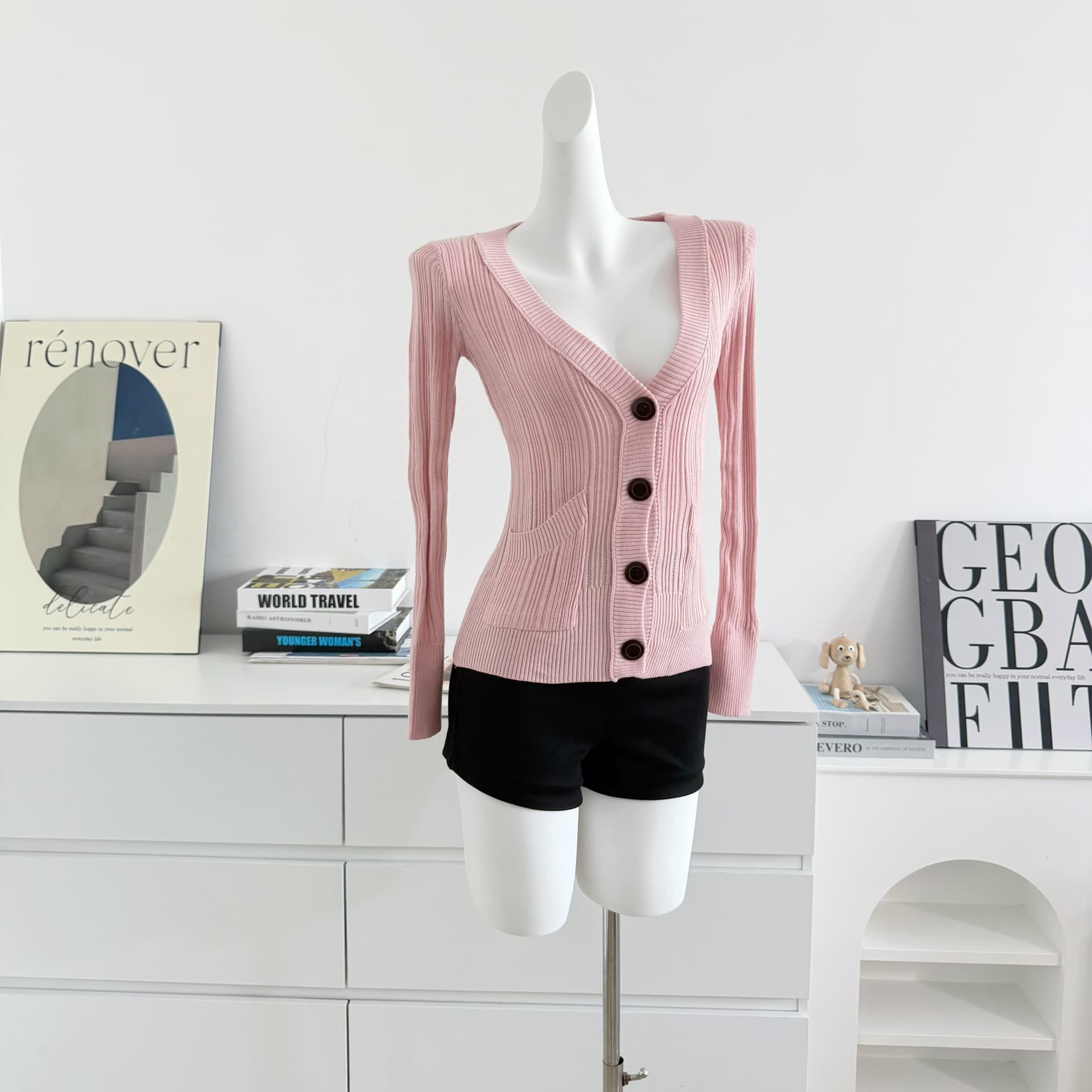 iamxiaa 포함 양모 수직 곡물 팬시 짜임 V넥 레트로 단추 더블 가방 몸매 가꾸기 오픈 가디건 삼색 선택 사항 상세 이미지 13
