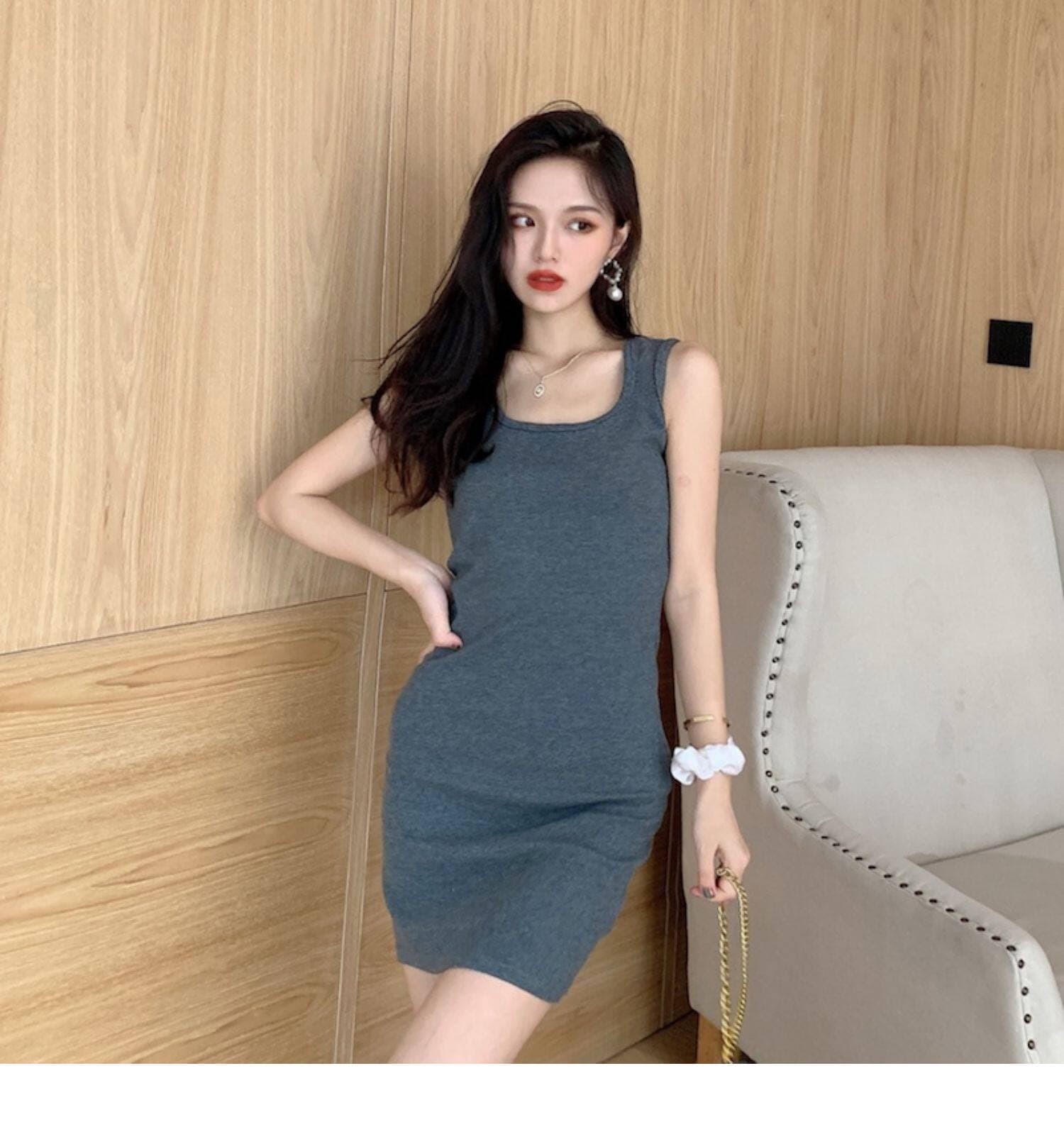 라운드 넥 조끼 스커트 드레스 단색 여름 민소매 타이트 스커트 기본 스커트 몸매 가꾸기 모달 타이트 스커트 미니 스커트 상세 이미지 5
