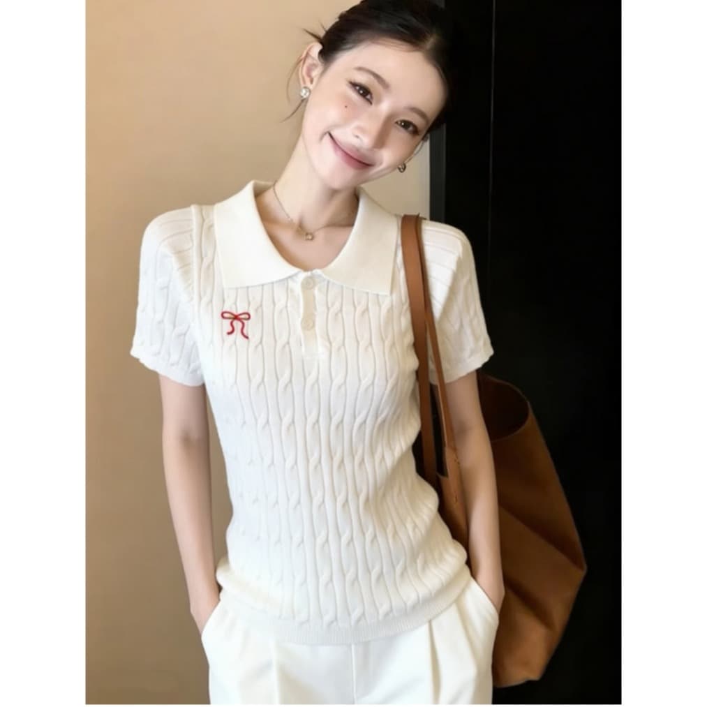 miu 부서 나비 매듭 자수 니트 스웨터 반팔 여성 여름 POLO 칼라 꽈배기 만나는 맨위 한국 스타일 긍정적 인 어깨 티셔츠 이미지 5