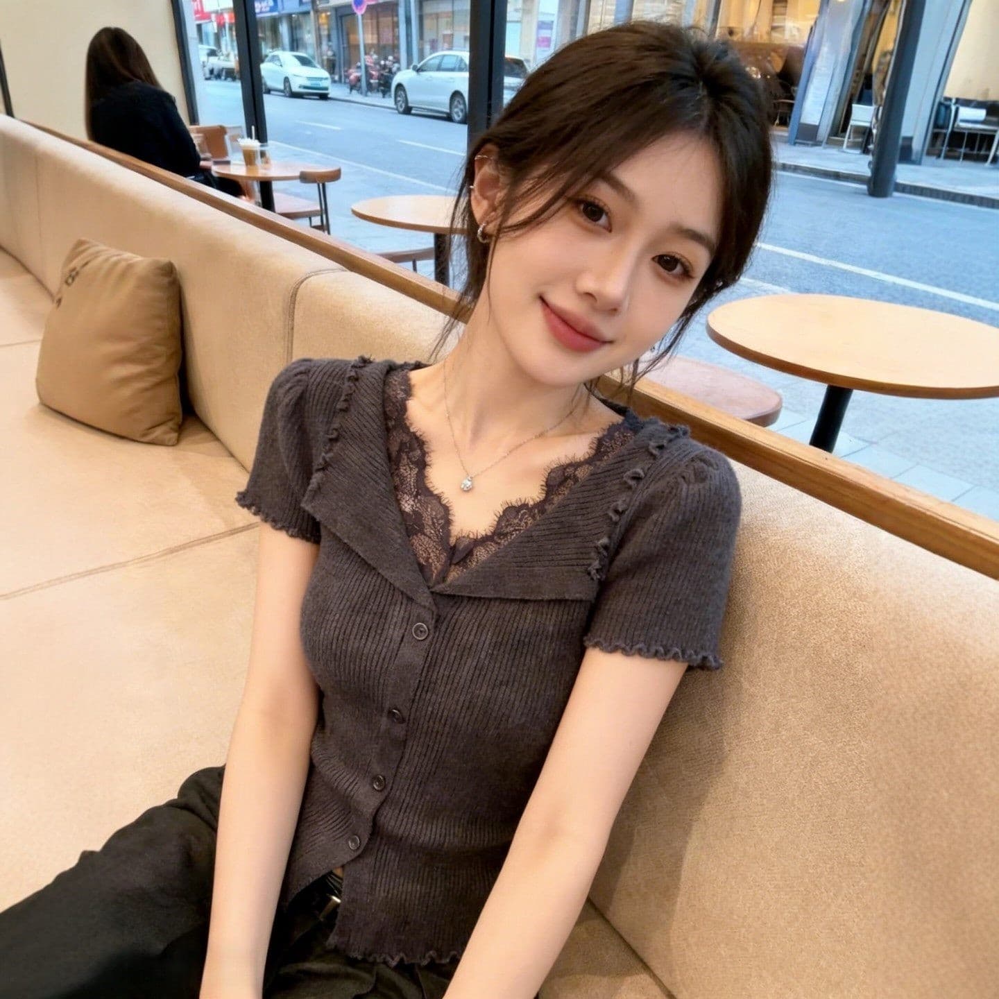 오스트리아 테라스 정리 카운터 브랜드 회색 레이스 조각 폴로 칼라 프릴 반팔 티셔츠 맨위 여성 여름 상세 이미지 1