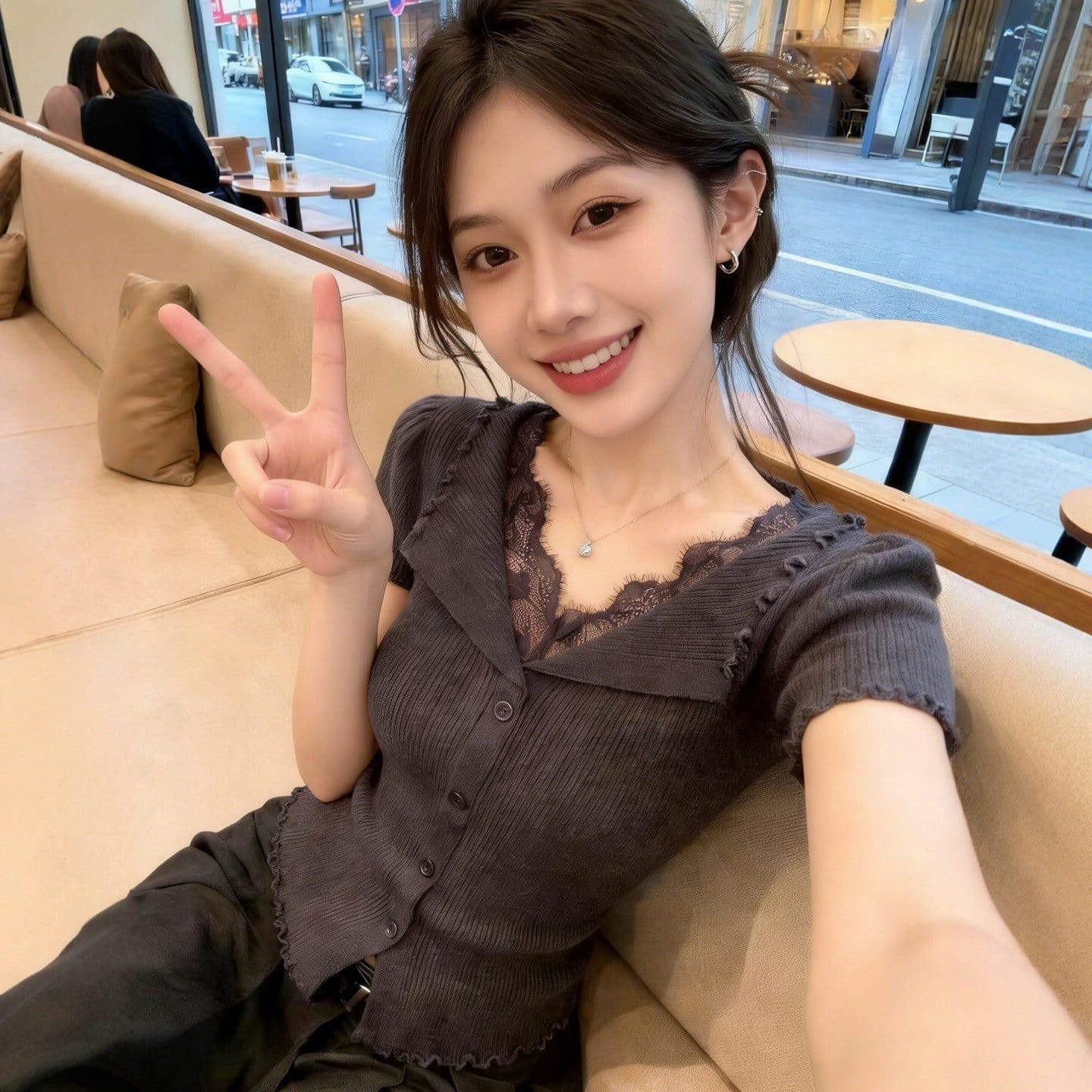 오스트리아 테라스 정리 카운터 브랜드 회색 레이스 조각 폴로 칼라 프릴 반팔 티셔츠 맨위 여성 여름 상세 이미지 2