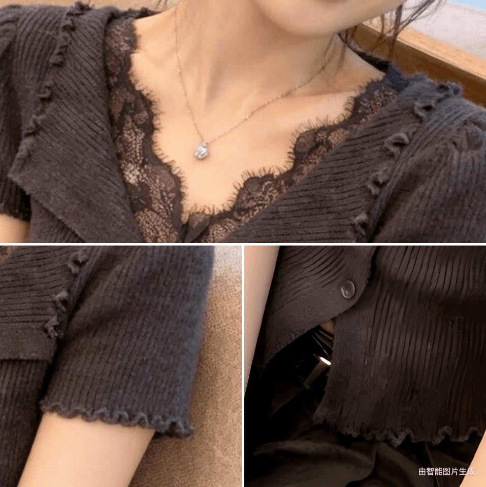 오스트리아 테라스 정리 카운터 브랜드 회색 레이스 조각 폴로 칼라 프릴 반팔 티셔츠 맨위 여성 여름 상세 이미지 6