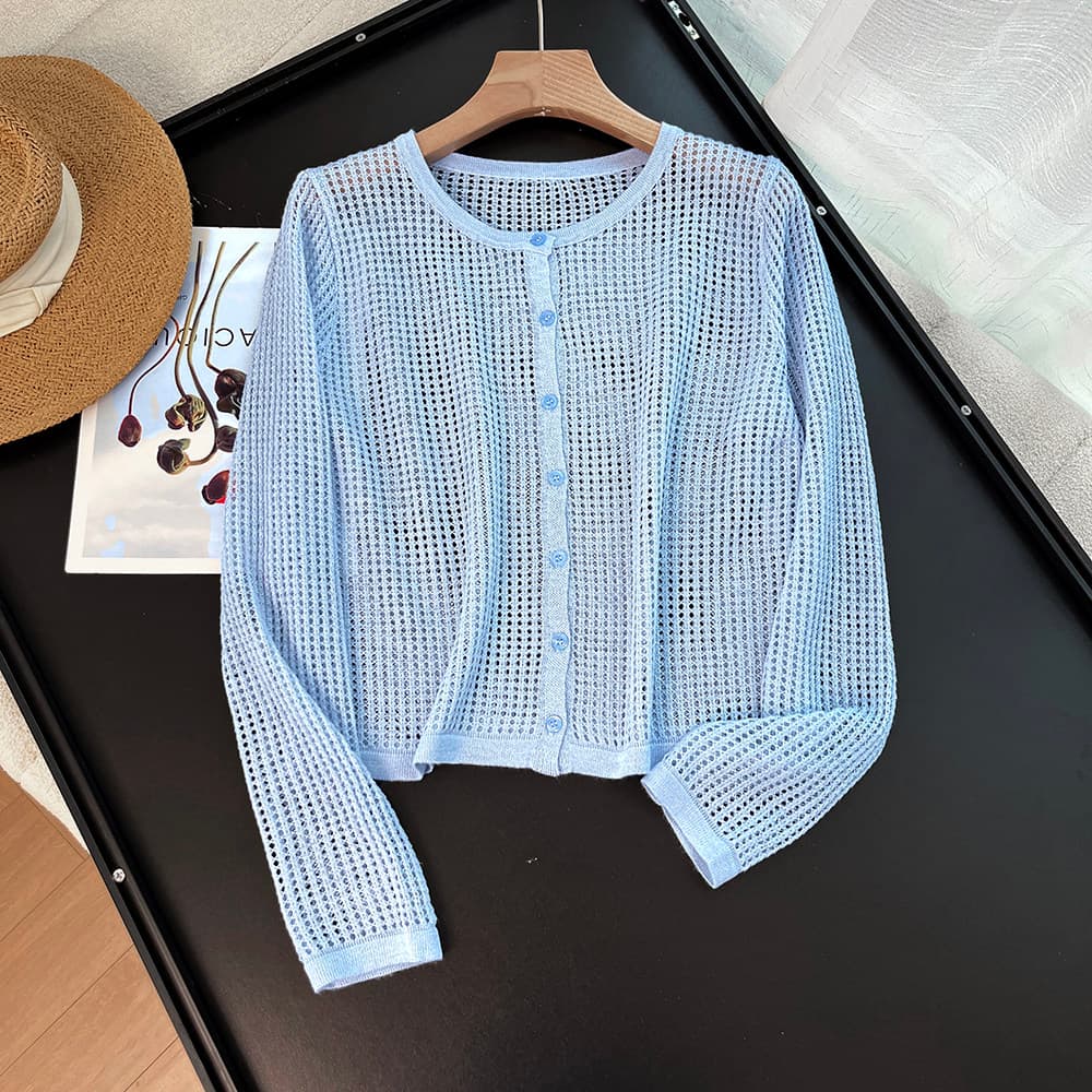 라운드 넥 홀로우 아웃 니트 오픈 가디건 여성 봄 여름 스택 착용 루즈핏 부담하지 마세요. 다용도 슬림해 보이는 코디 슬립 얇은 코트 이미지 5