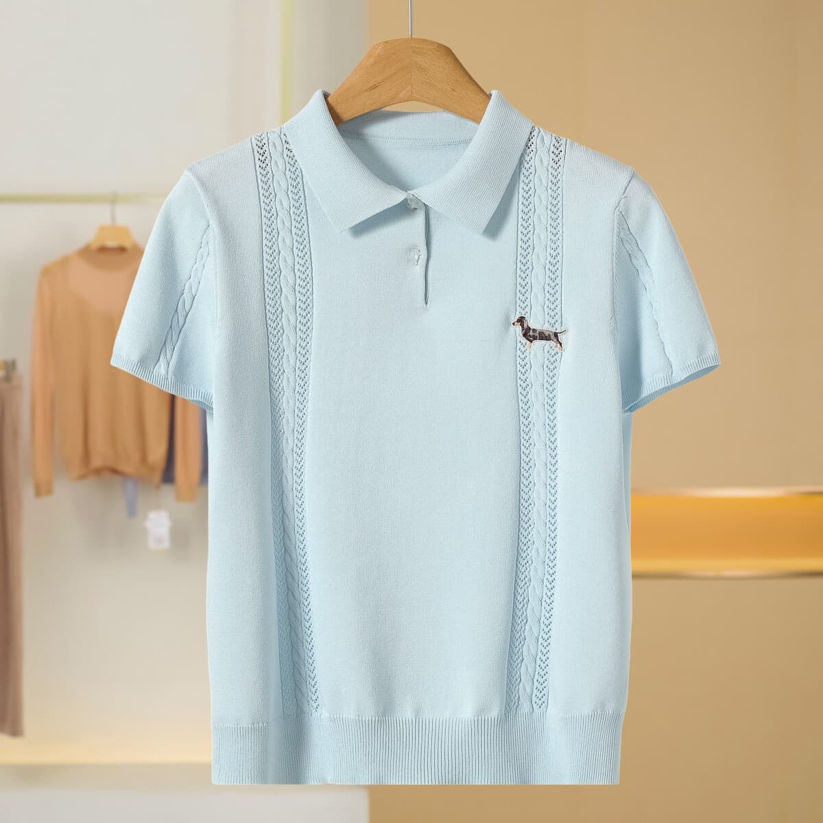 2026 여름 드레스 새로운 하늘색 polo 칼라 니트 스웨터 여성 강아지 자수 슬림해 보이는 다용도 반팔 t 셔츠 상세 이미지 2