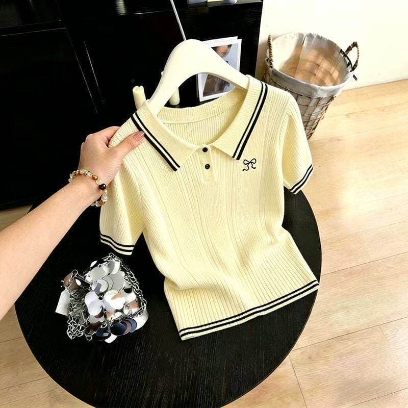 학원 스타일 POLO 칼라 반팔 니트 스웨터 여성 여름 2026 새로운 디자인 센스 작은 대중 몸매 가꾸기 긍정적 인 어깨 티셔츠 맨위 이미지 3
