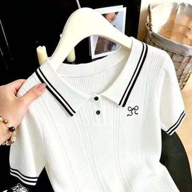 학원 스타일 POLO 칼라 반팔 니트 스웨터 여성 여름 2026 새로운 디자인 센스 작은 대중 몸매 가꾸기 긍정적 인 어깨 티셔츠 맨위 이미지 4