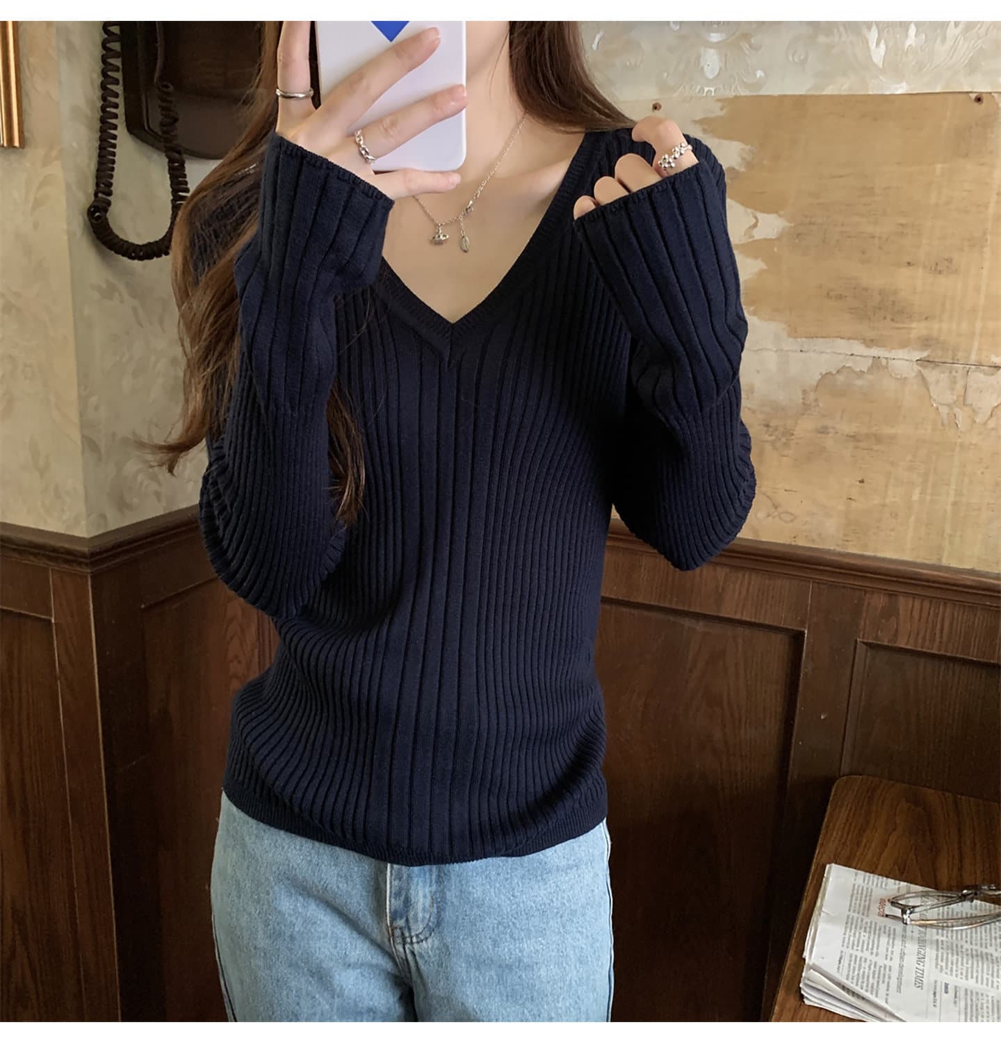 블루 색상 디스플레이 화이트 V넥 스웨터 여자 가을 겨울 누출 쇄골 순수한 욕망 만나는 긴팔 맨위 몸매 가꾸기 인사이드 가져 가라. 니트 스웨터 상세 이미지 9
