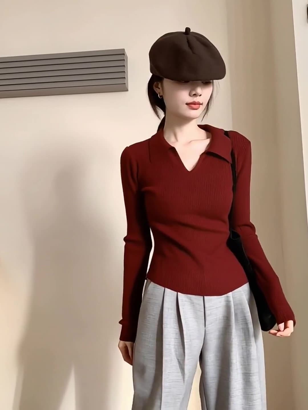 POLO 칼라 니트 스웨터 여성 2026 가을 새로운 얇은 스타일 인사이드 가져 가라. 스웨터 몸매 가꾸기 가을 겨울 V넥 맨위 기본 셔츠 상세 이미지 3