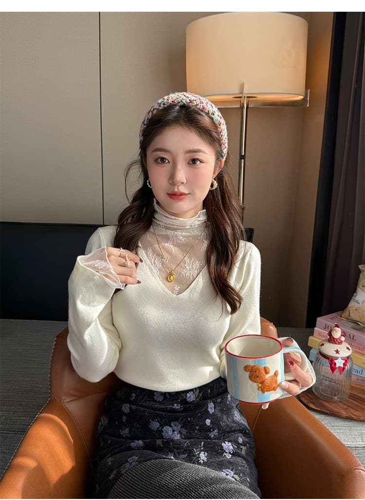 화이트 V넥 페이크 레이어드 레이스 기본 셔츠 여성 인사이드 가져 가라. 2026 가을 새로운 디자인 센스 스웨터 니트 맨위 상세 이미지 13
