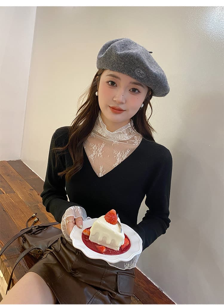 화이트 V넥 페이크 레이어드 레이스 기본 셔츠 여성 인사이드 가져 가라. 2026 가을 새로운 디자인 센스 스웨터 니트 맨위 상세 이미지 28
