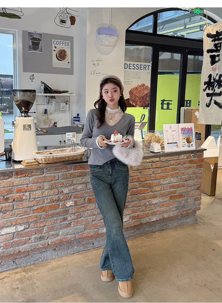 화이트 V넥 페이크 레이어드 레이스 기본 셔츠 여성 인사이드 가져 가라. 2026 가을 새로운 디자인 센스 스웨터 니트 맨위 상세 이미지 37