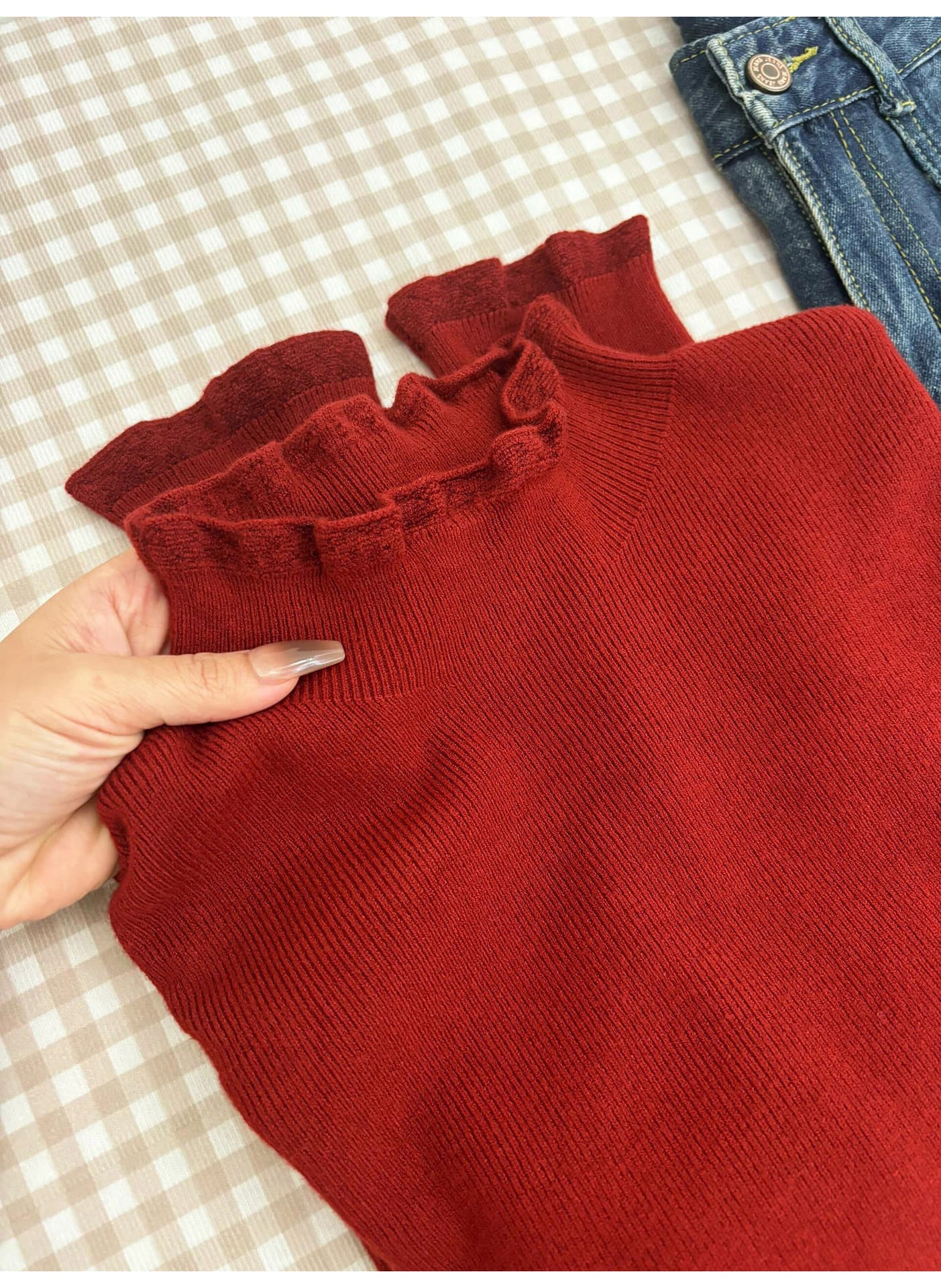 가을 겨울 크리스마스 신년 빨간색 스웨터 여자 자수 반하이넥 니트 기본 셔츠 세련된 프릴 인사이드 잡아라. 의류 상세 이미지 5