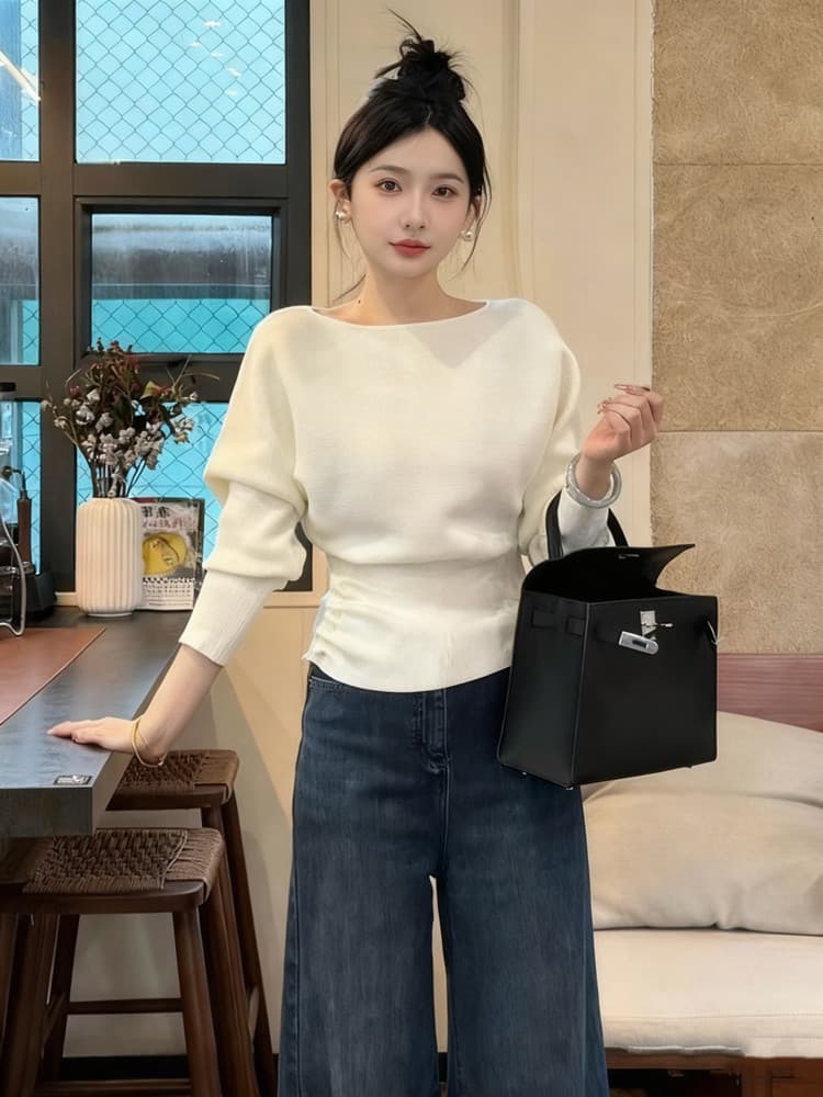 프랑스식 오프숄더 화이트 니트 스웨터 여성 가을 겨울철 디자인 센스 허리 수축 스웨터 인사이드 가져 가라. 기본 셔츠 쇼트 스타일 맨위 이미지 2
