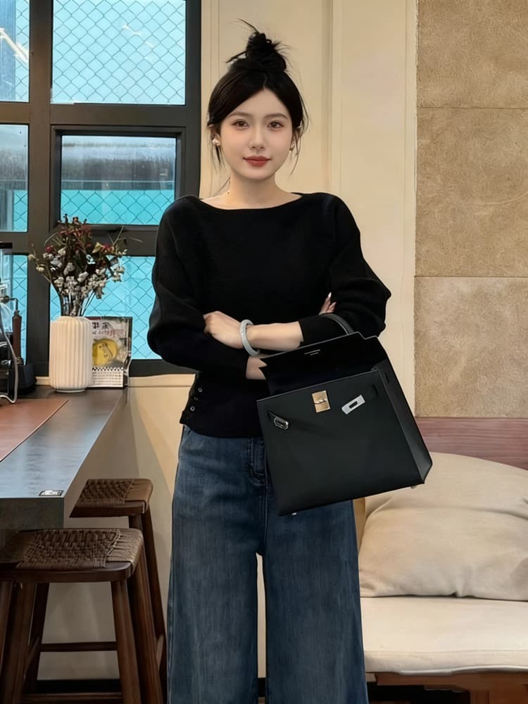 프랑스식 오프숄더 화이트 니트 스웨터 여성 가을 겨울철 디자인 센스 허리 수축 스웨터 인사이드 가져 가라. 기본 셔츠 쇼트 스타일 맨위 상세 이미지 4