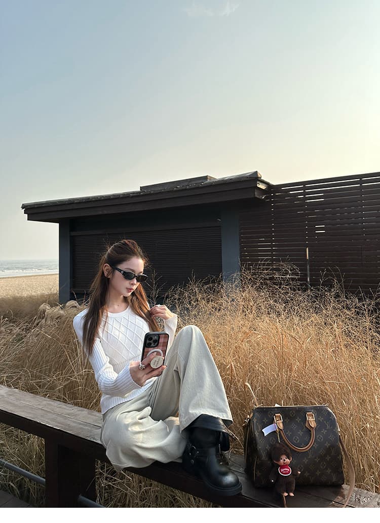 2026 이른 가을 새로운 링 그리드 허리 수축 긴팔 양모 니트 스웨터 인사이드 가져 가라. 몸매 가꾸기 슬림해 보이는 라운드 넥 만나는 맨위 여성 상세 이미지 32