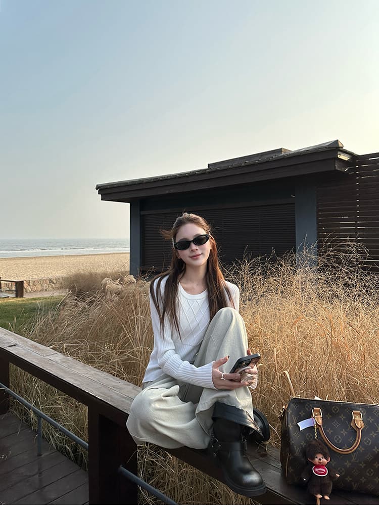 2026 이른 가을 새로운 링 그리드 허리 수축 긴팔 양모 니트 스웨터 인사이드 가져 가라. 몸매 가꾸기 슬림해 보이는 라운드 넥 만나는 맨위 여성 상세 이미지 33
