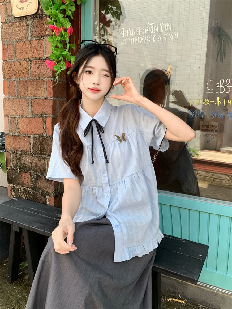 실사 하늘색 POLO 칼라 일본식 학원 스타일 여성 셔츠 여름 달콤함 귀여운 맨위 반팔 오픈 가디건 여성 이미지 2