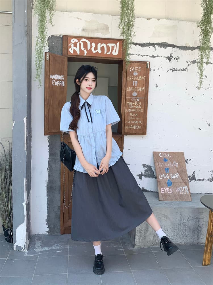 실사 하늘색 POLO 칼라 일본식 학원 스타일 여성 셔츠 여름 달콤함 귀여운 맨위 반팔 오픈 가디건 여성 이미지 3