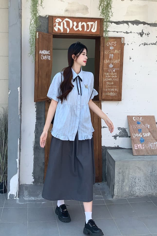 실사 하늘색 POLO 칼라 일본식 학원 스타일 여성 셔츠 여름 달콤함 귀여운 맨위 반팔 오픈 가디건 여성 이미지 5