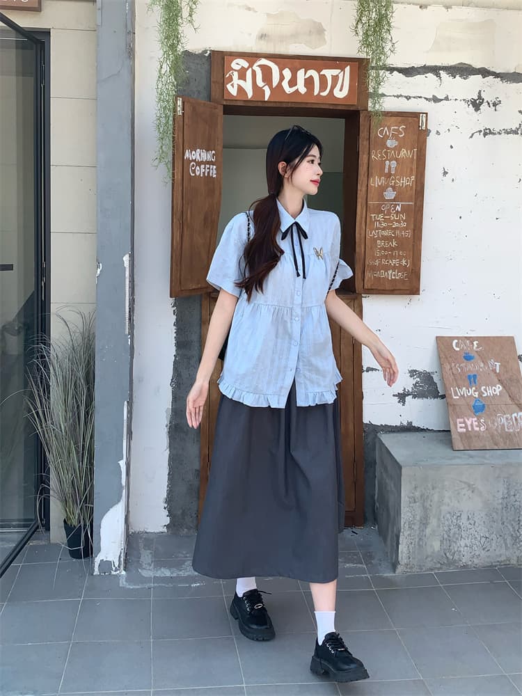 실사 하늘색 POLO 칼라 일본식 학원 스타일 여성 셔츠 여름 달콤함 귀여운 맨위 반팔 오픈 가디건 여성 상세 이미지 7