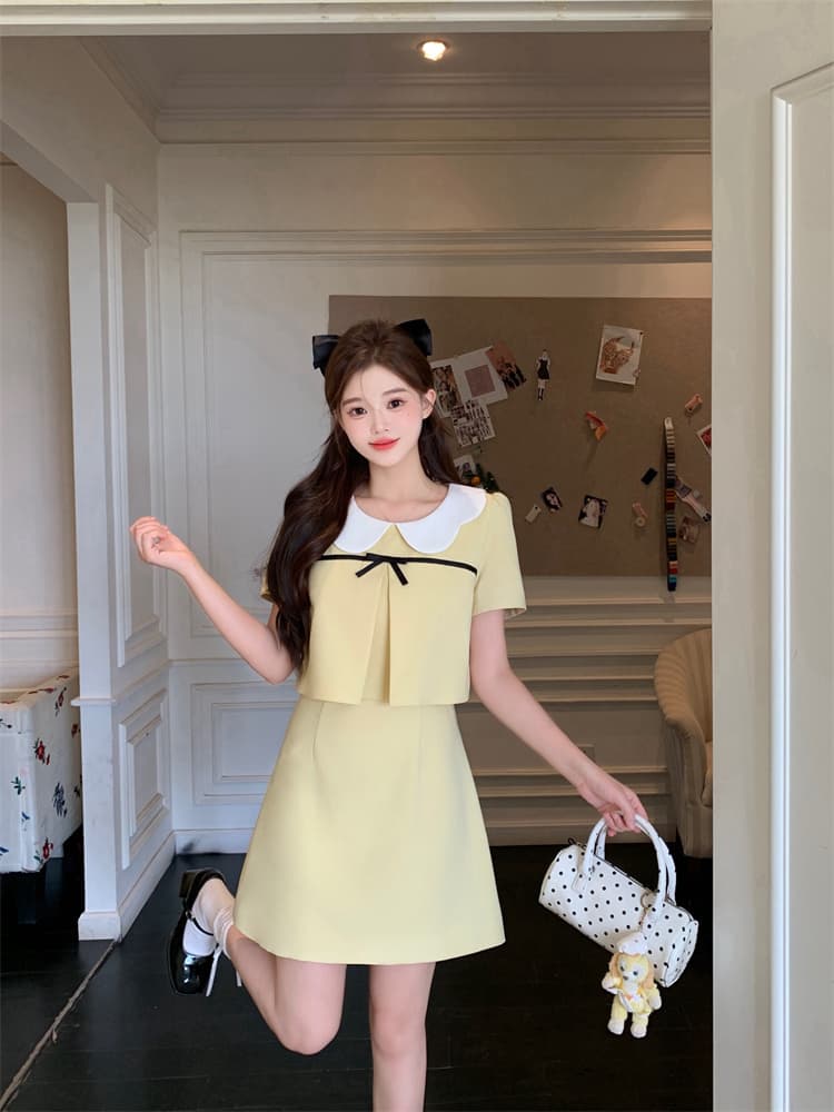 황색 작은 샤넬 스타일 달콤함 라운드 넥 반팔 여성 드레스 여름 새로운 명문 여성 품격 페이크 레이어드 한 마디 미니 스커트 상세 이미지 2