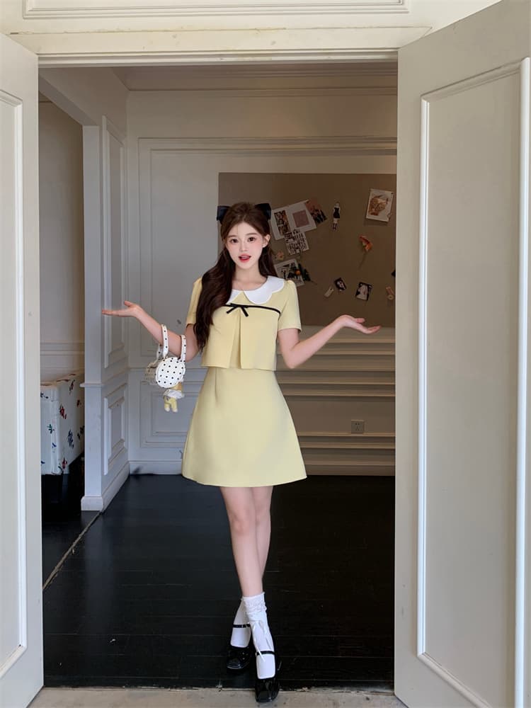 황색 작은 샤넬 스타일 달콤함 라운드 넥 반팔 여성 드레스 여름 새로운 명문 여성 품격 페이크 레이어드 한 마디 미니 스커트 상세 이미지 4