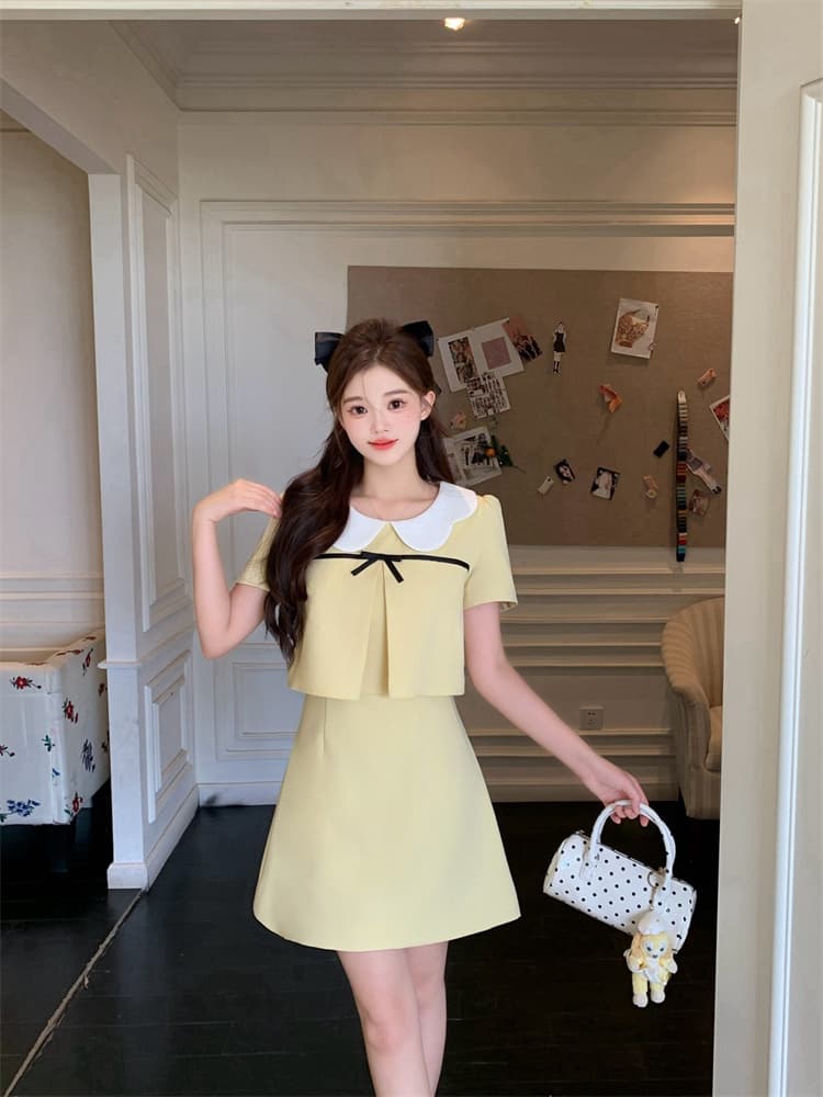 황색 작은 샤넬 스타일 달콤함 라운드 넥 반팔 여성 드레스 여름 새로운 명문 여성 품격 페이크 레이어드 한 마디 미니 스커트 상세 이미지 5