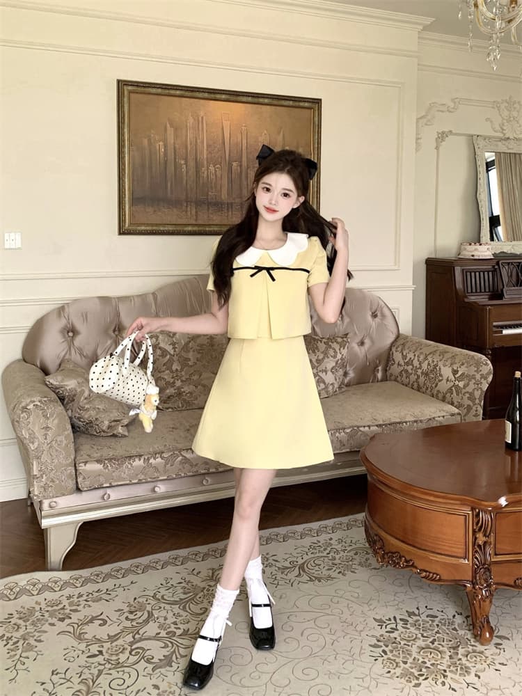 황색 작은 샤넬 스타일 달콤함 라운드 넥 반팔 여성 드레스 여름 새로운 명문 여성 품격 페이크 레이어드 한 마디 미니 스커트 상세 이미지 6