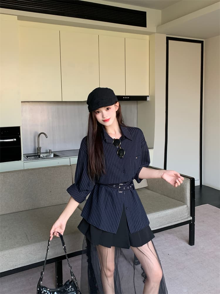 실사 선전 편안함 다용도 패션 스트라이프 벨트 셔츠 이미지 2