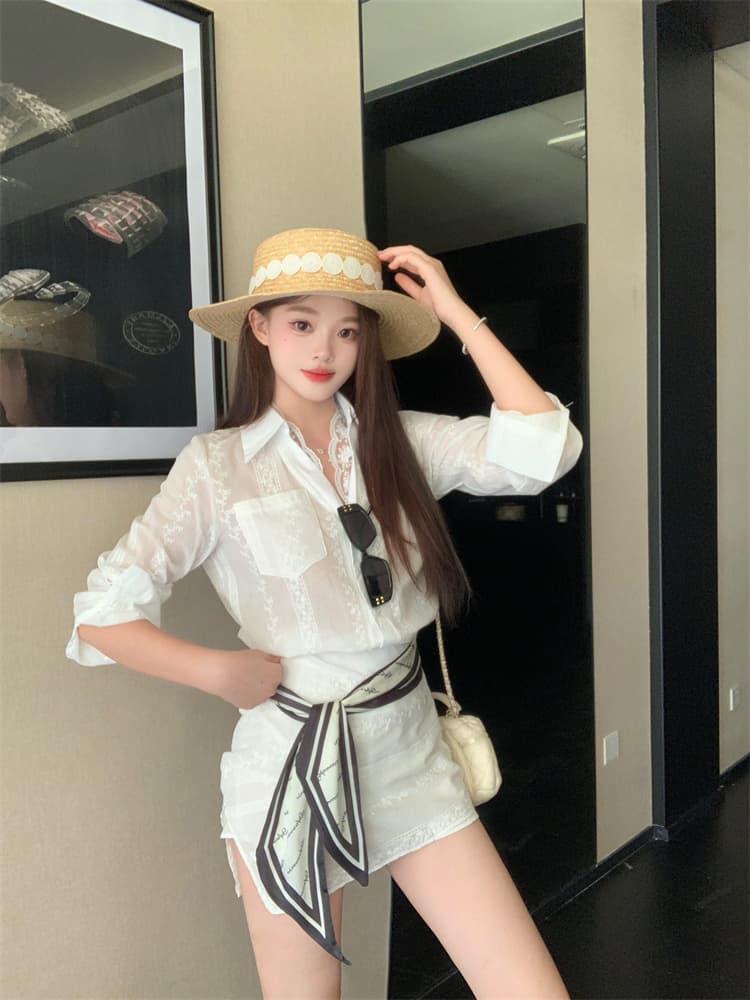 빅 사이즈 통통한 여동생 고급 센스 오래된 돈 바람 레이스 조각 자카드 긴팔 여성 셔츠 가을 타이트 스커트 투피스 세트 이미지 4