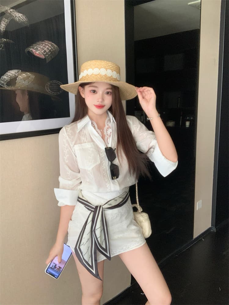빅 사이즈 통통한 여동생 고급 센스 오래된 돈 바람 레이스 조각 자카드 긴팔 여성 셔츠 가을 타이트 스커트 투피스 세트