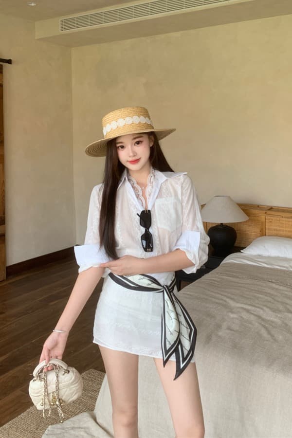 빅 사이즈 통통한 여동생 고급 센스 오래된 돈 바람 레이스 조각 자카드 긴팔 여성 셔츠 가을 타이트 스커트 투피스 세트 이미지 5