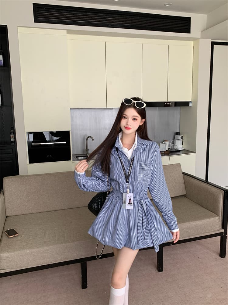 실사 페이크 레이어드 셔츠 드레스 학원 스타일 셔츠 드레스 가을 레이스업 허리 수축 한 마디 드레스 이미지 3