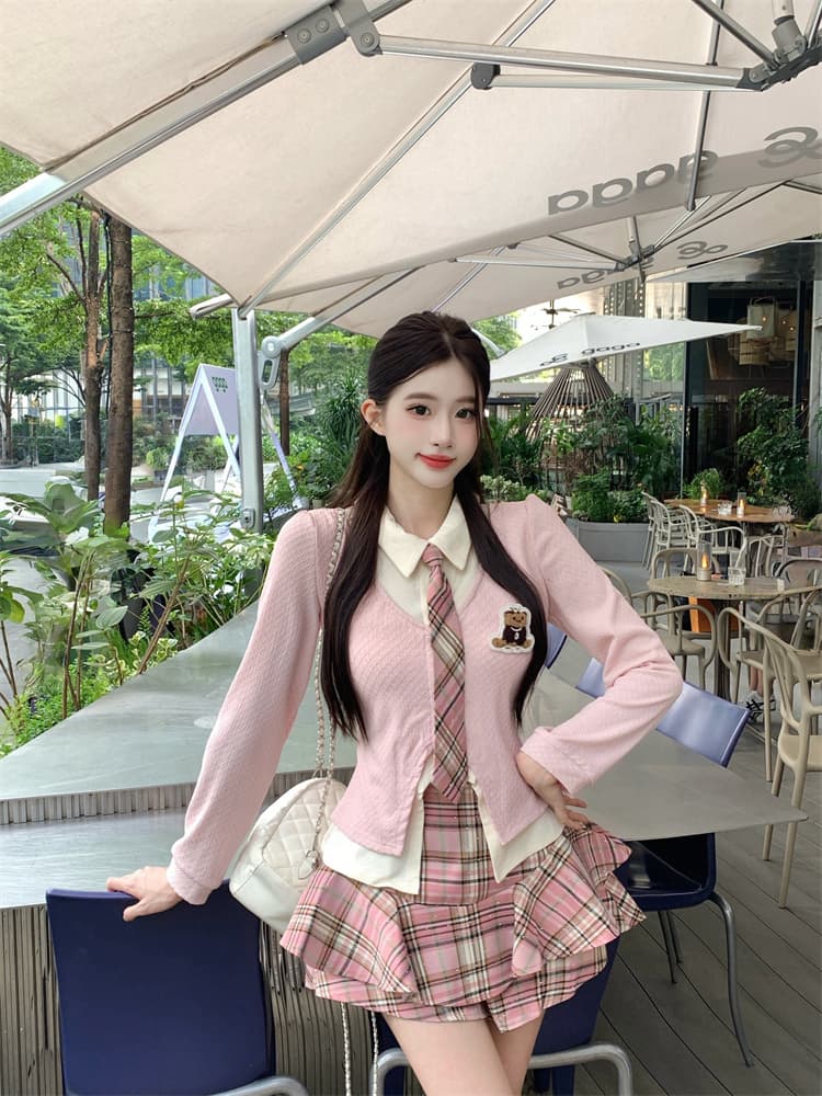 실사 한 부서 학원 스타일 미니 스커트 세트 여성 가을 jk 유니폼 페이크 레이어드 맨위 투피스 세트 이미지 5