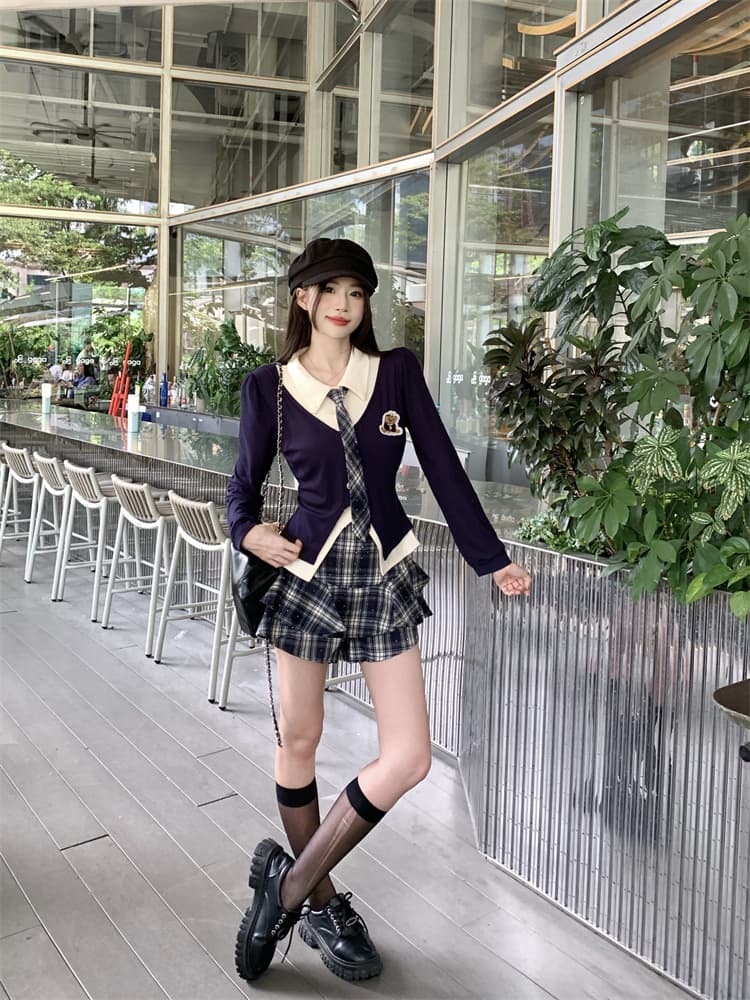 실사 한 부서 학원 스타일 미니 스커트 세트 여성 가을 jk 유니폼 페이크 레이어드 맨위 투피스 세트 이미지 4