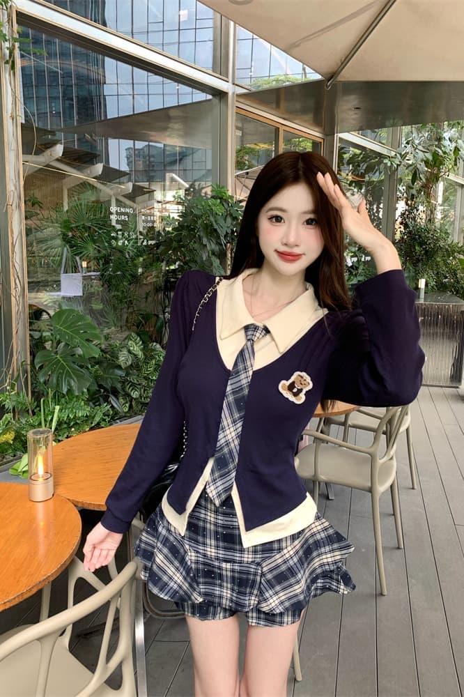 실사 한 부서 학원 스타일 미니 스커트 세트 여성 가을 jk 유니폼 페이크 레이어드 맨위 투피스 세트 이미지 6