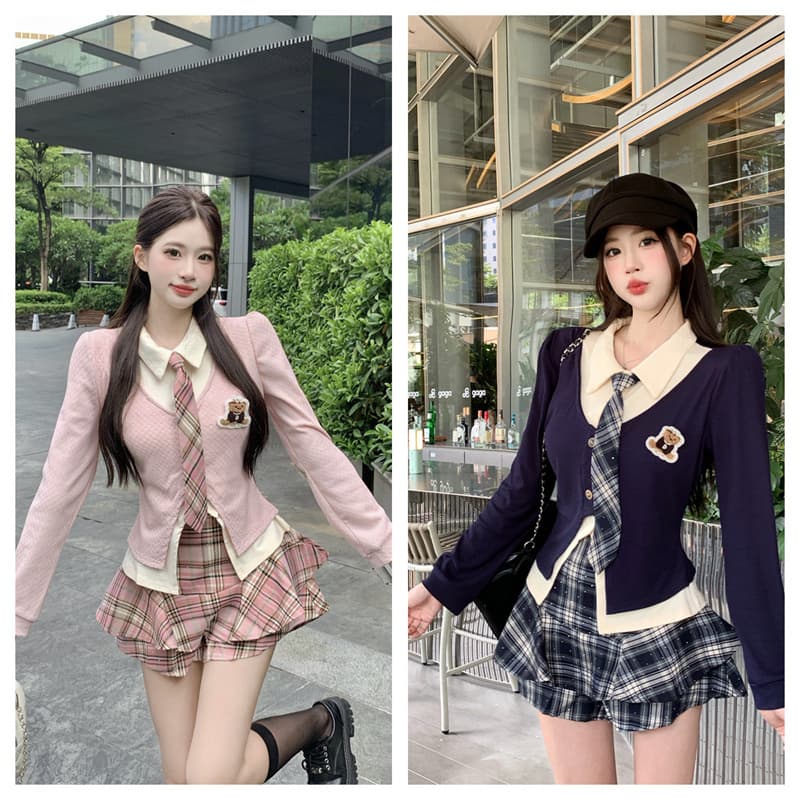 실사 한 부서 학원 스타일 미니 스커트 세트 여성 가을 jk 유니폼 페이크 레이어드 맨위 투피스 세트 상세 이미지 3