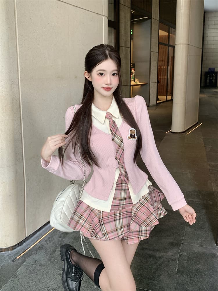 실사 한 부서 학원 스타일 미니 스커트 세트 여성 가을 jk 유니폼 페이크 레이어드 맨위 투피스 세트 상세 이미지 6
