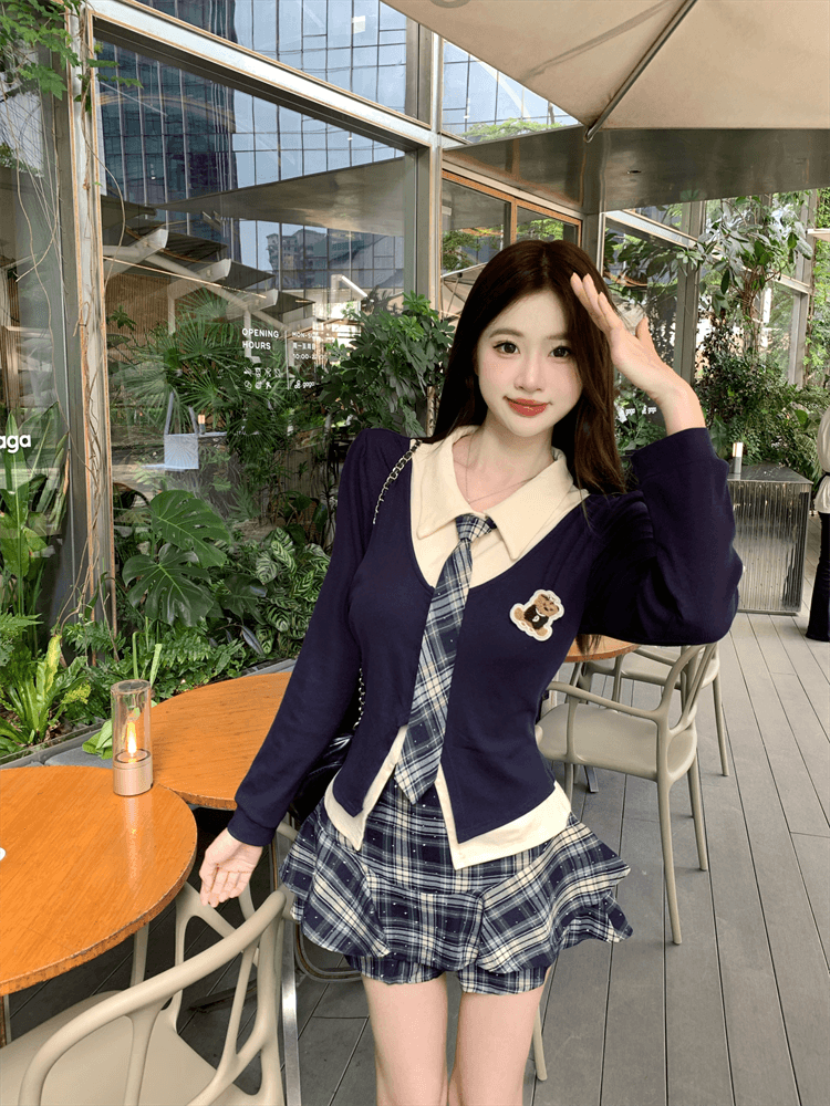 실사 한 부서 학원 스타일 미니 스커트 세트 여성 가을 jk 유니폼 페이크 레이어드 맨위 투피스 세트 상세 이미지 7