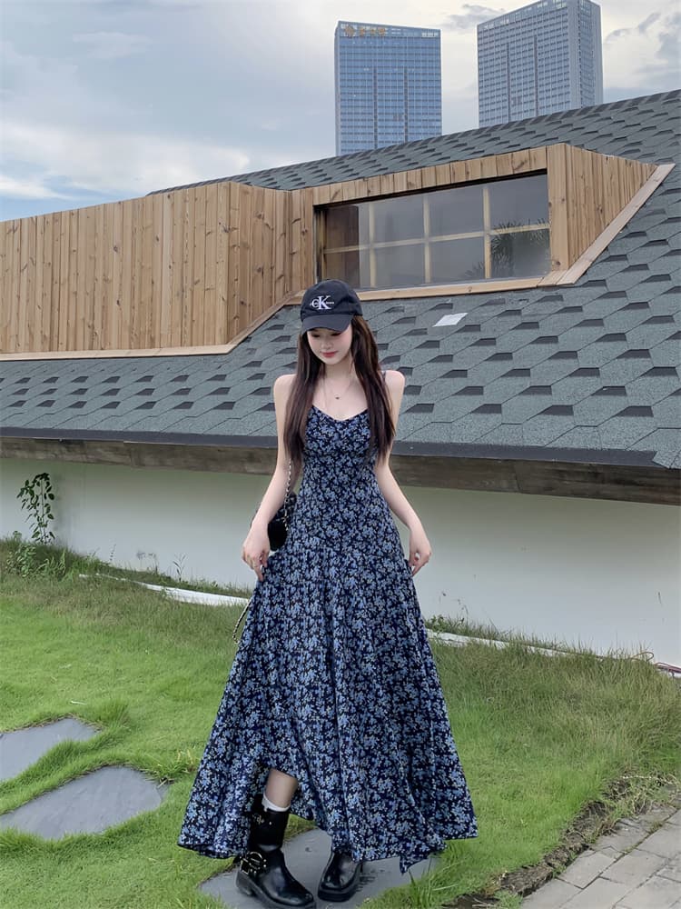 실사 가을 새로운 디자인 풀오버 루즈핏 후드티 레트로 어두운 회색 불규칙 꽃무늬 슬립 치마 세트 이미지 3