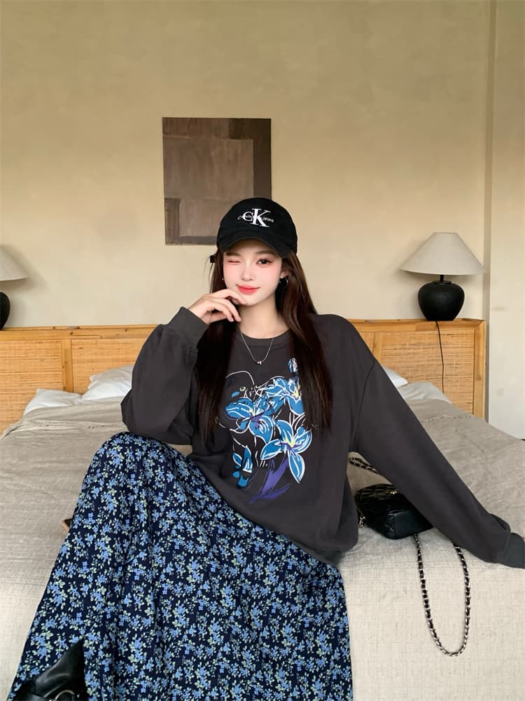 실사 가을 새로운 디자인 풀오버 루즈핏 후드티 레트로 어두운 회색 불규칙 꽃무늬 슬립 치마 세트 상세 이미지 7