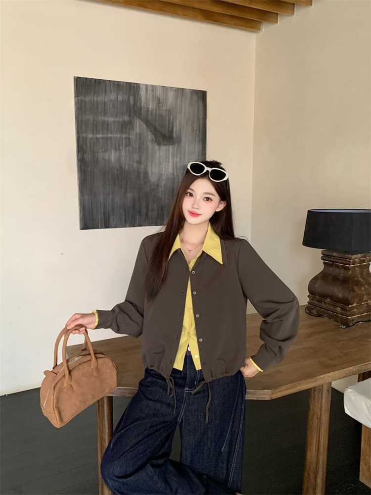 실사 마이크로 지방 빅 사이즈 여성 가을 패션 다용도 페이크 레이어드 더블 칼라 셔츠