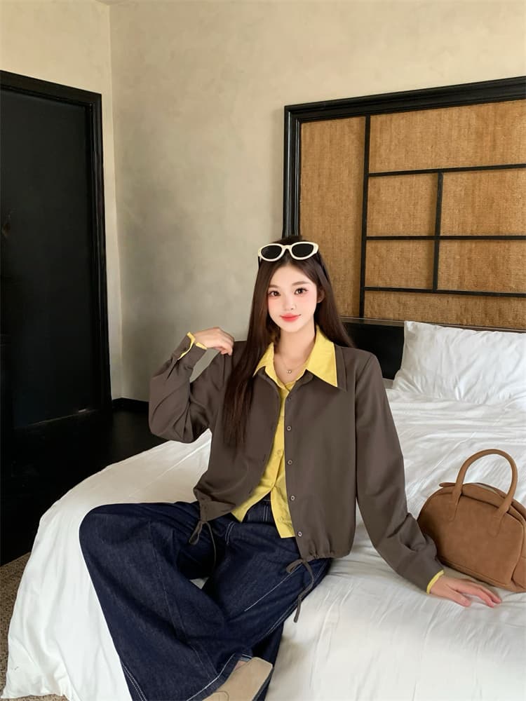 실사 마이크로 지방 빅 사이즈 여성 가을 패션 다용도 페이크 레이어드 더블 칼라 셔츠 상세 이미지 3