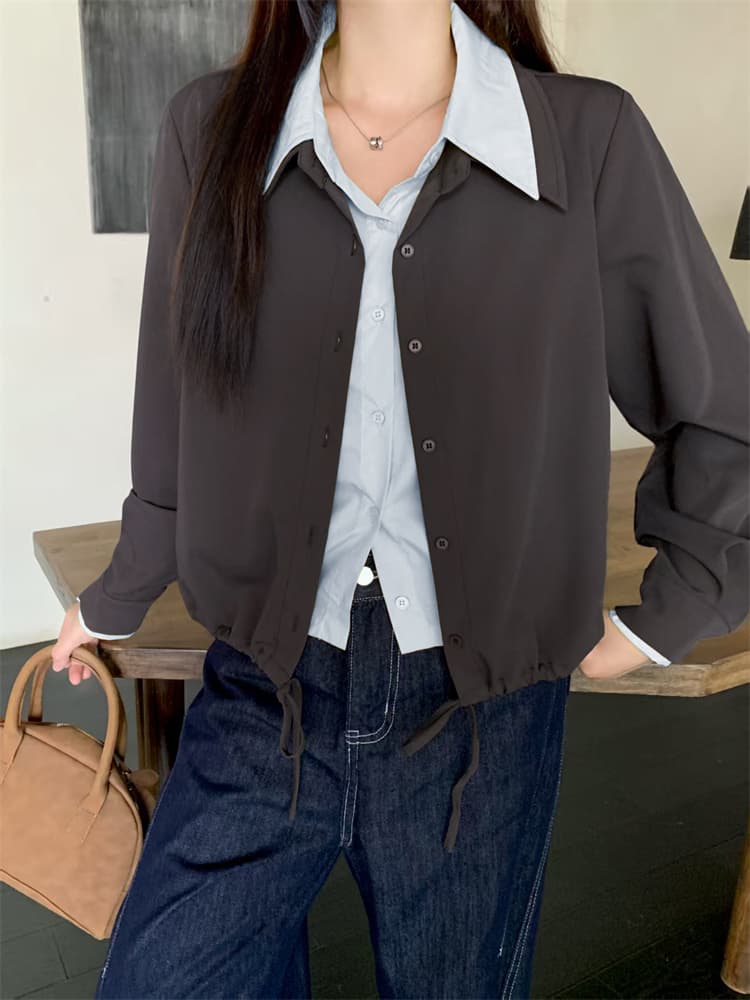실사 마이크로 지방 빅 사이즈 여성 가을 패션 다용도 페이크 레이어드 더블 칼라 셔츠 상세 이미지 5