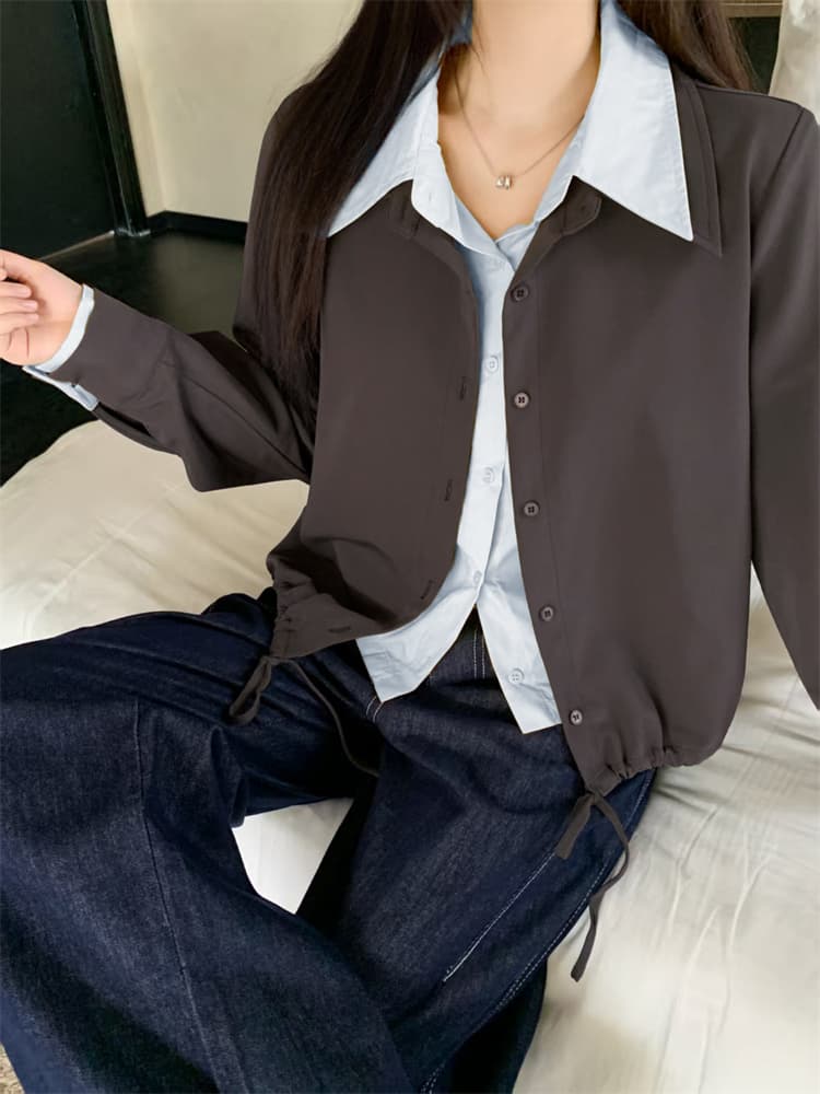 실사 마이크로 지방 빅 사이즈 여성 가을 패션 다용도 페이크 레이어드 더블 칼라 셔츠 상세 이미지 6