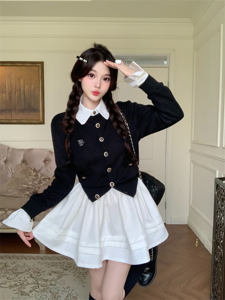 실사 배색 패치워크 페이크 레이어드 니트 카디건 코트 프릴 플리츠 치마 세트 상세 이미지 4