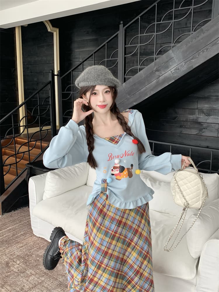 실사 빅 사이즈 지방 mm 달콤한 스타일 여성 후드 긴팔 이른 가을 새로운 체크무늬 반신 치마 세트 이미지 4