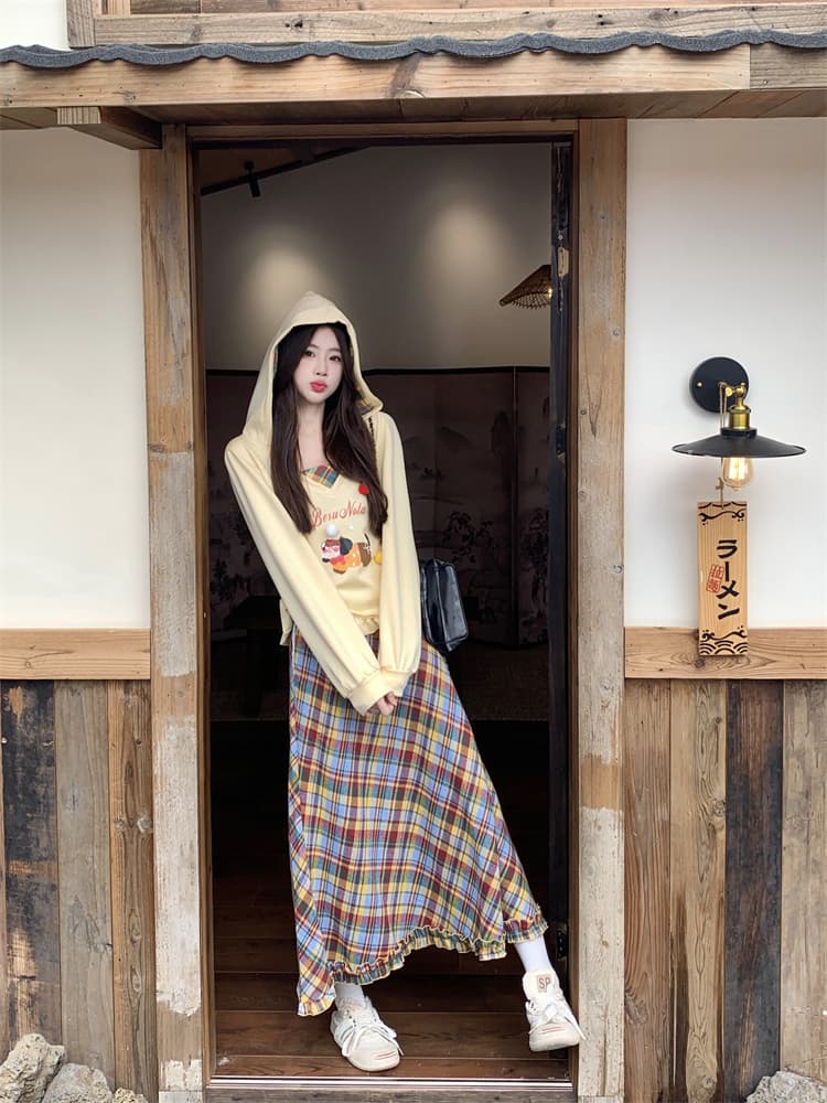실사 빅 사이즈 지방 mm 달콤한 스타일 여성 후드 긴팔 이른 가을 새로운 체크무늬 반신 치마 세트 상세 이미지 5