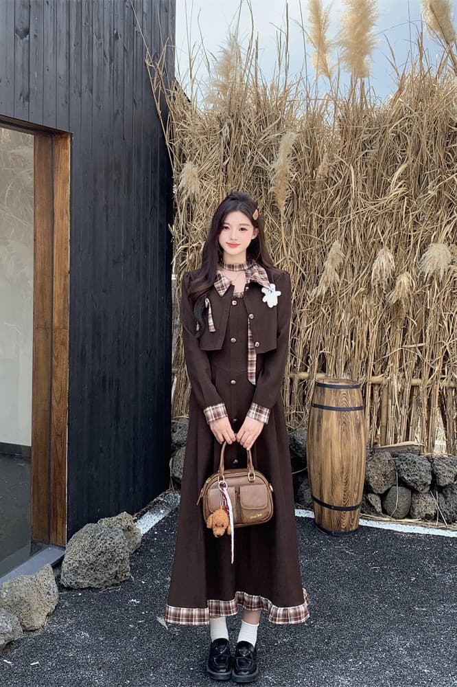 실사 빅 사이즈 지방 mm 프랑스식 레트로 여성 가을 체크무늬 블레이저 드레스 투피스 세트 이미지 5
