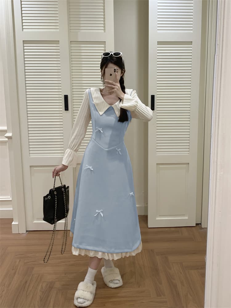 실사 지방 mm 가을 겨울 나비 매듭 베이비 칼라 긴팔 드레스 허리 수축 Pleat 측면 A라인 스커트 이미지 4